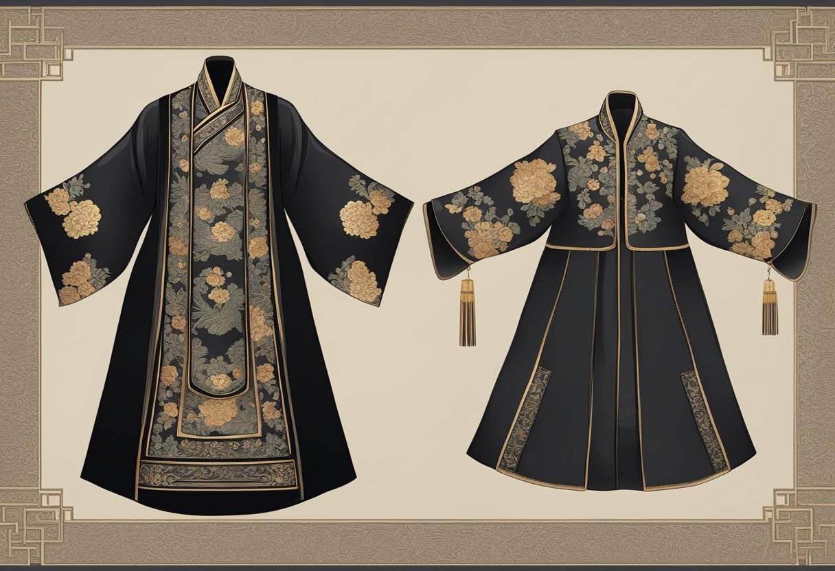 A traditional Chinese clothing black from different historical periods displayed on a wooden table with intricate embroidery and silk fabrics