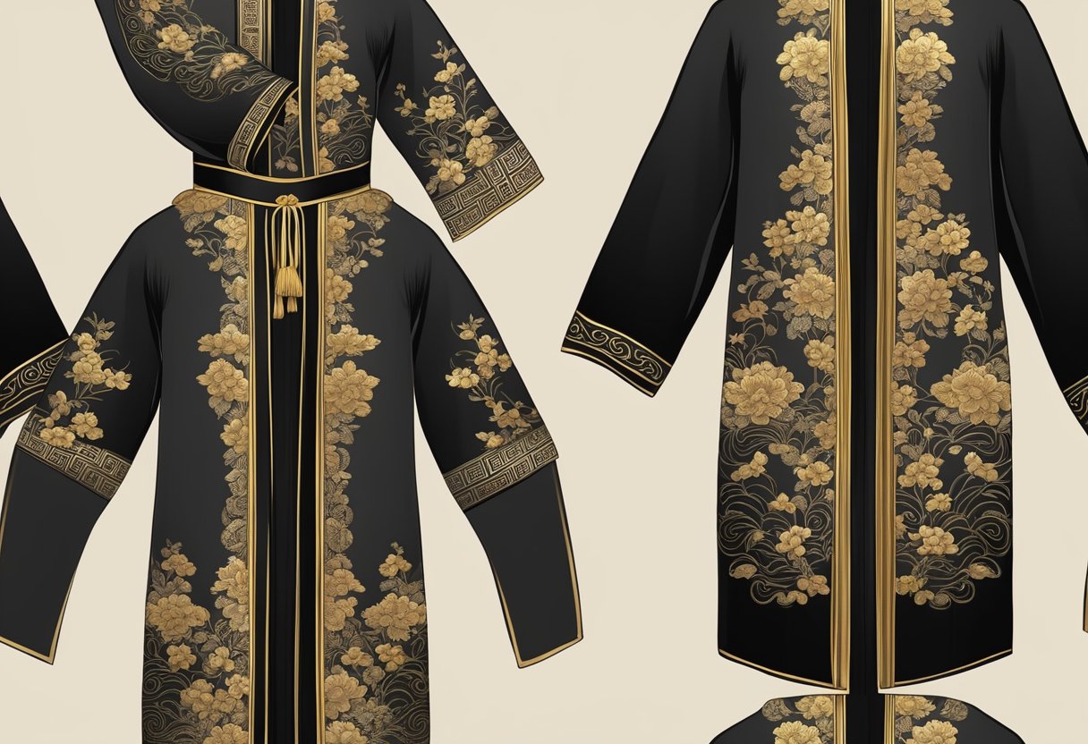 A black traditional Chinese robe adorned with intricate gold embroidery, symbolizing elegance and authority