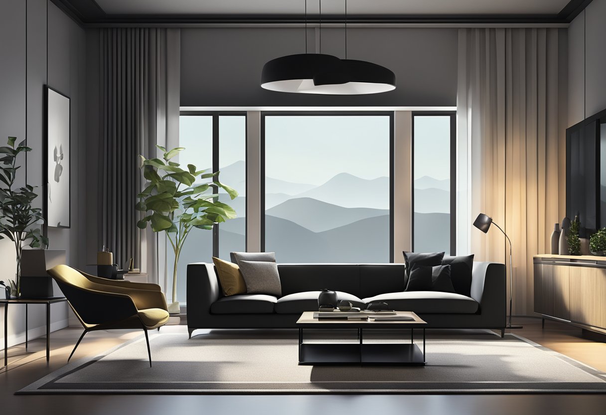 A sleek, modern living room with black furniture, minimalist decor, and dramatic lighting casting deep shadows