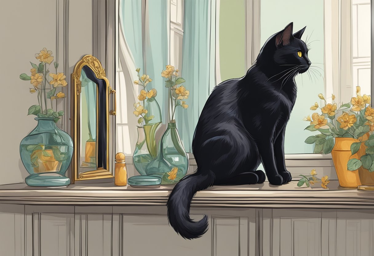 A black cat sitting in front of a mirror, reflecting its image