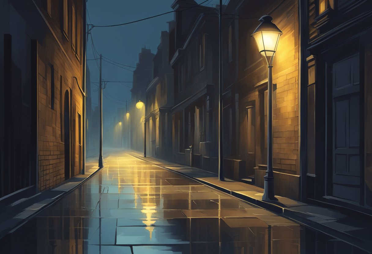 A dimly lit alleyway with a lone streetlight casting long shadows on the wet pavement, creating an atmosphere of mystery and danger