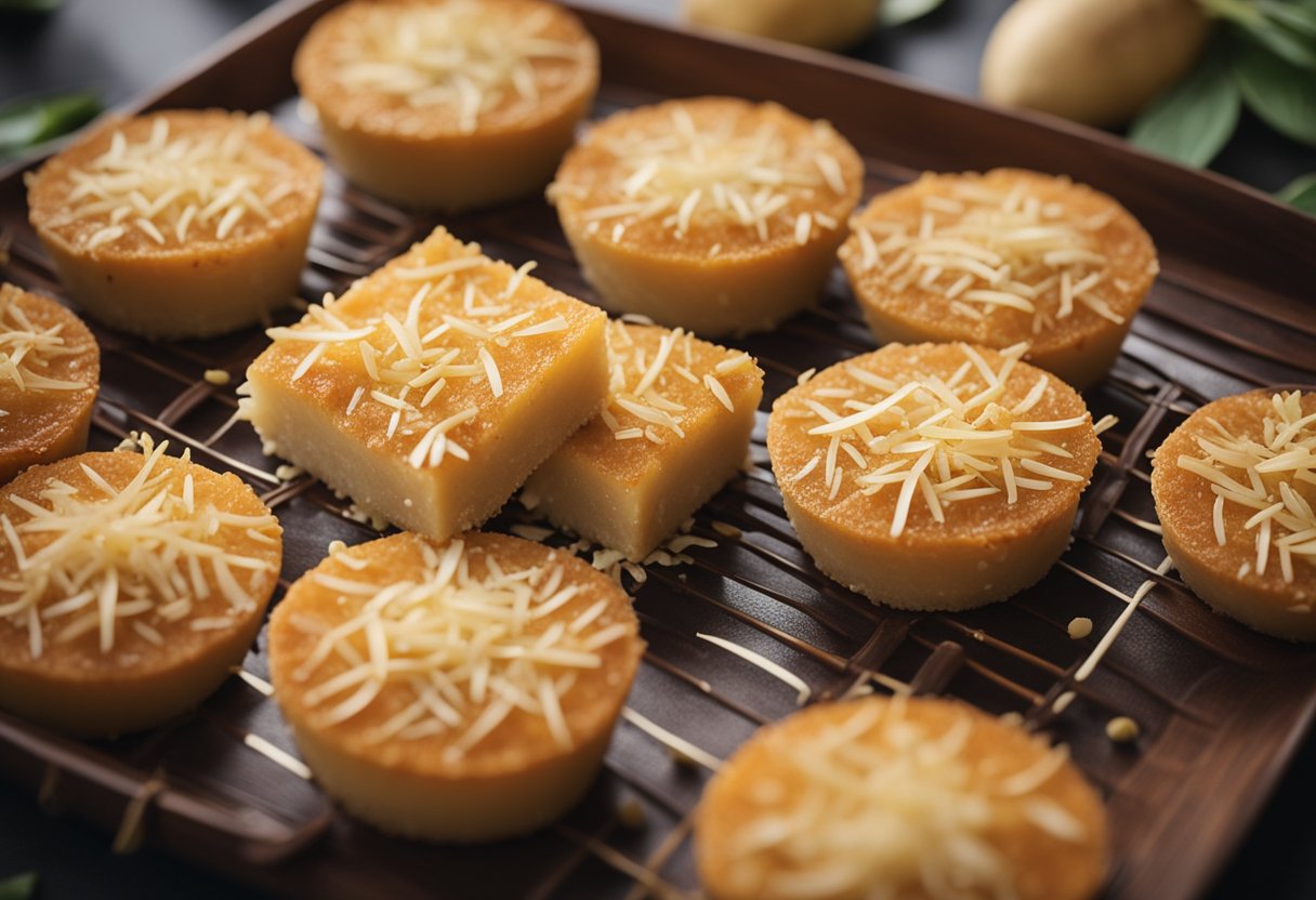 Um bolo de mandioca fofinho e úmido cercado por raízes de mandioca frescas e uma pitada de coco ralado