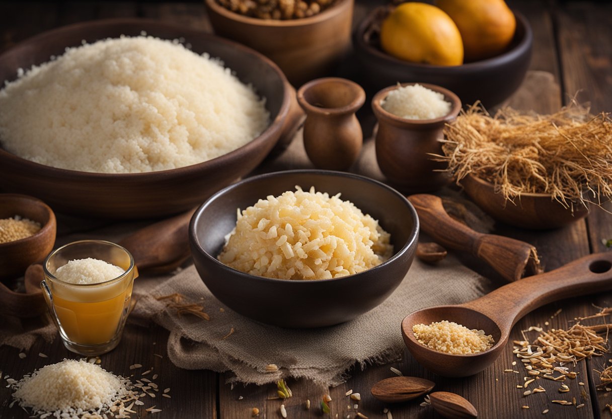 Uma cozinha rústica com uma mesa de madeira cheia de raízes de mandioca frescas, uma tigela de mandioca ralada e vários ingredientes para fazer um bolo de mandioca fofinho e úmido.