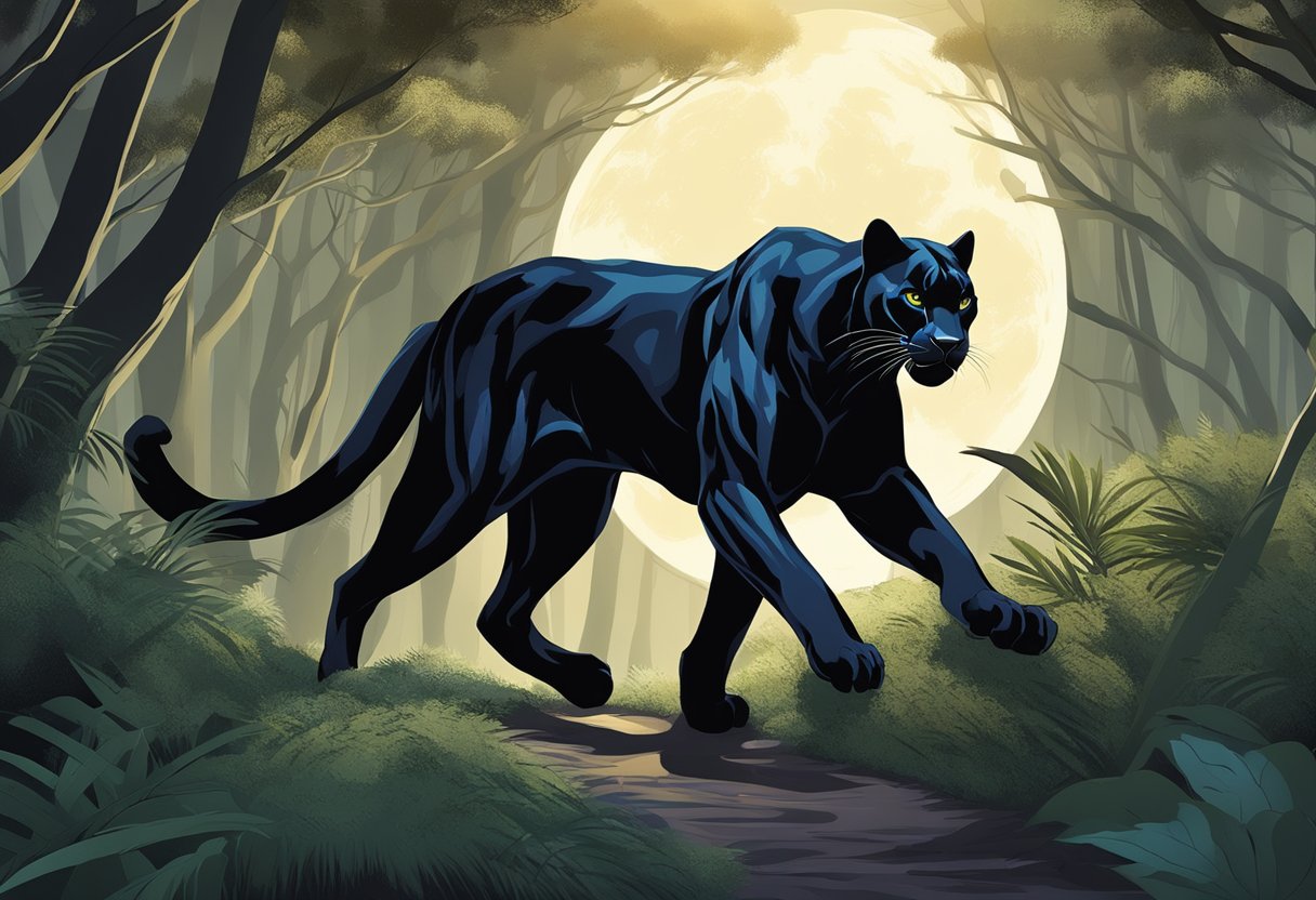 A sleek black panther prowling through a moonlit forest