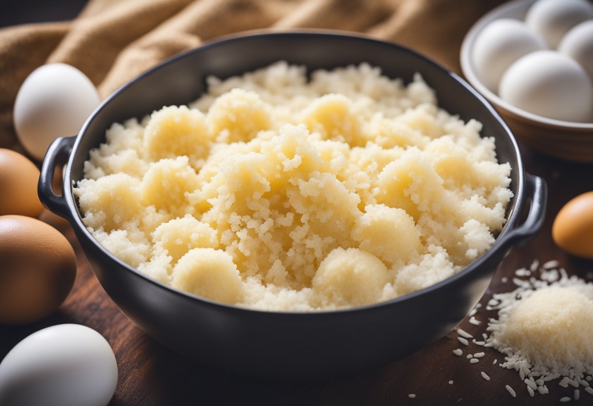 Uma tigela de mandioca ralada, farinha, ovos e açúcar sendo misturados para criar uma massa de bolo de mandioca fofa e úmida.