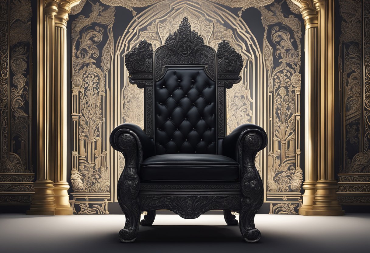 A black throne in a dimly lit room, adorned with intricate carvings and velvet cushions, exuding an aura of power and dominance