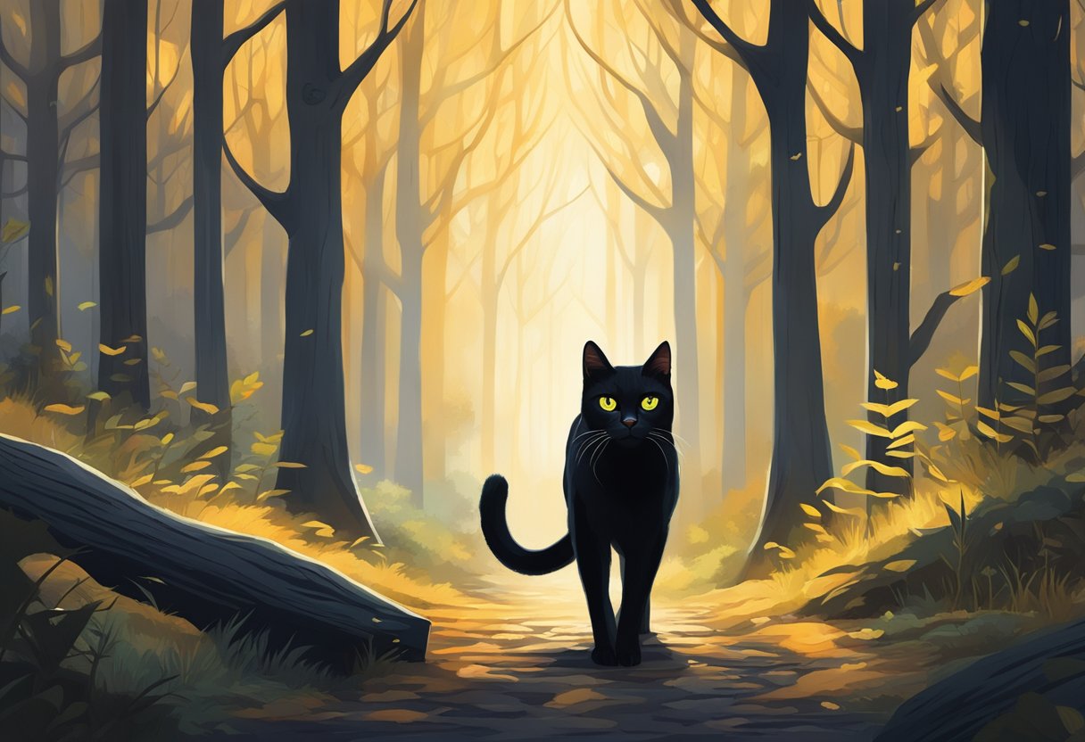 A black cat prowls through a dark forest, its eyes glowing with an otherworldly light