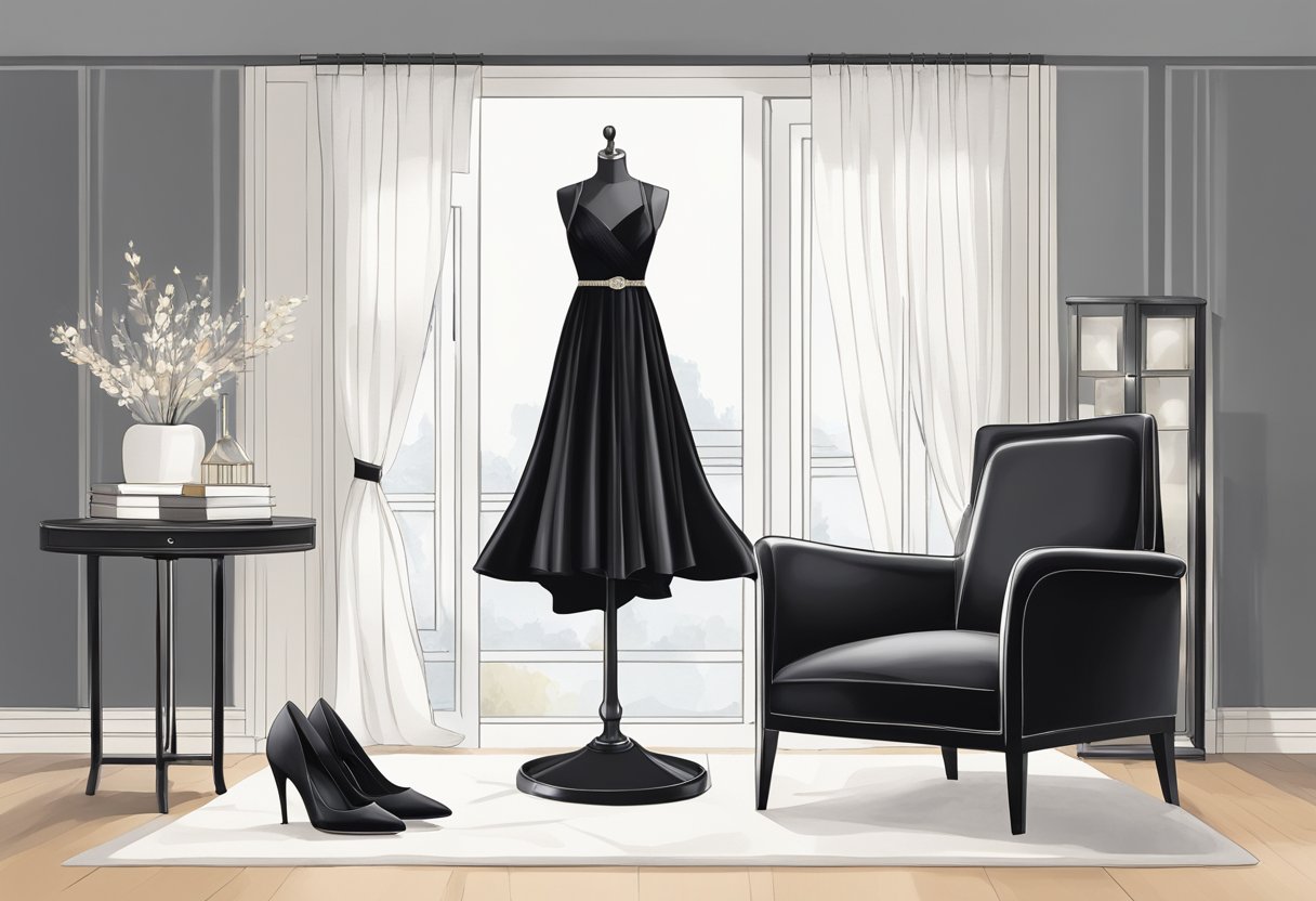 A sleek black evening gown on a mannequin, surrounded by minimalist black furniture and accessories