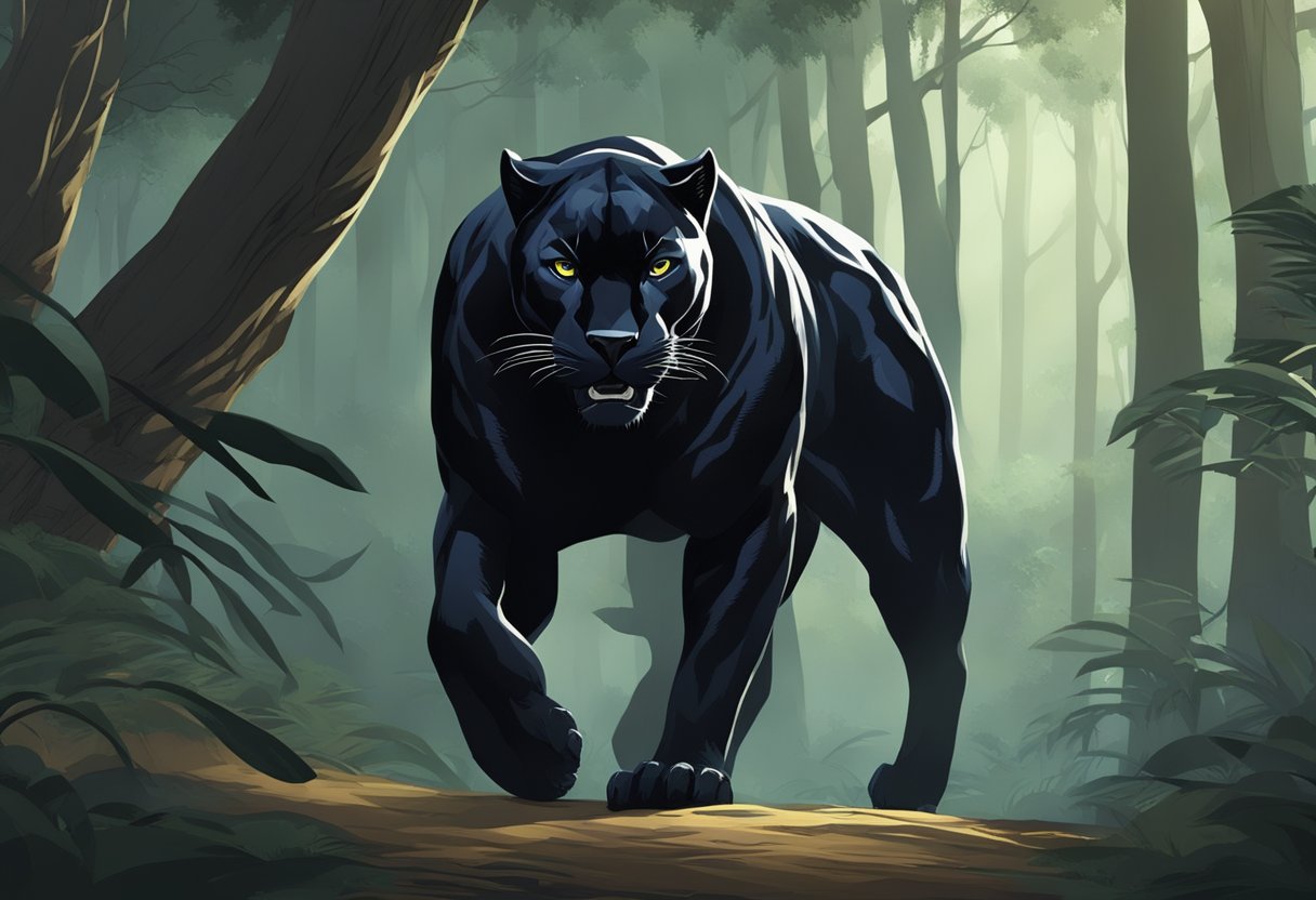 A black panther prowls through a dark forest, exuding power and authority in the supernatural realm