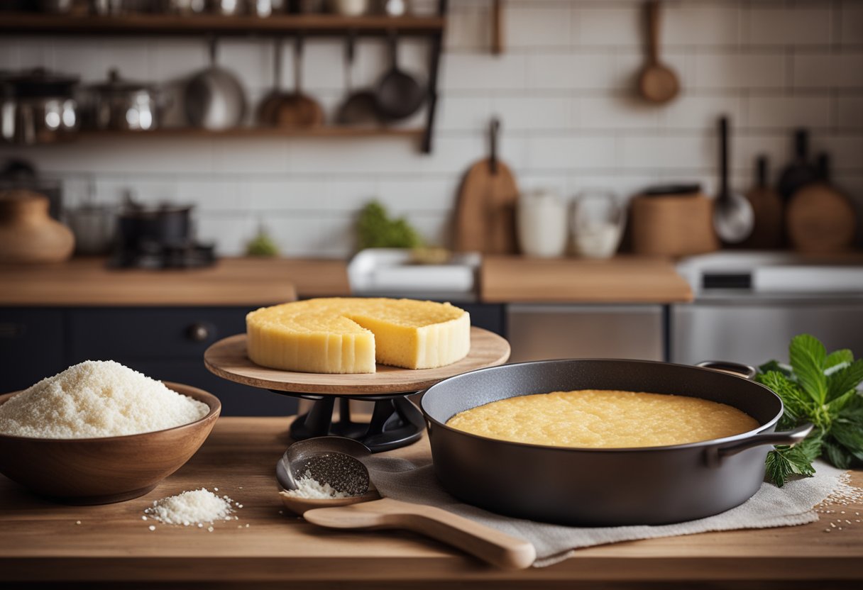 Uma cozinha rústica com uma mesa de madeira coberta de ingredientes para um bolo de mandioca fofinho e úmido, com uma tigela de mistura e uma forma de assar prontas para o preparo.