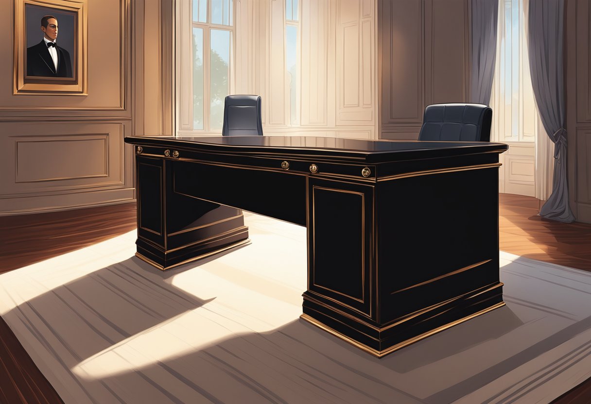 A sleek black tie draped over a polished mahogany desk, casting a sharp shadow in the soft glow of a dimly lit room