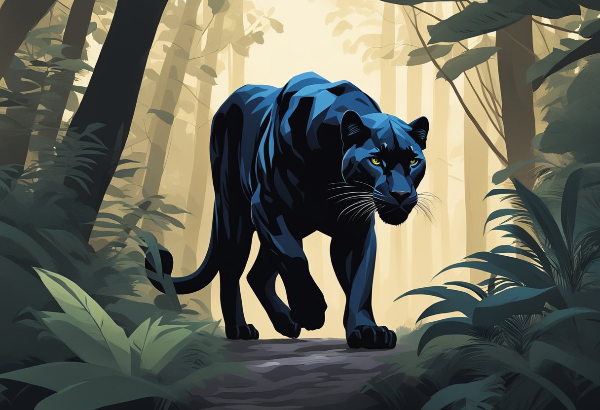 A sleek black panther prowls through a dark, mysterious forest, exuding an air of sophistication and power