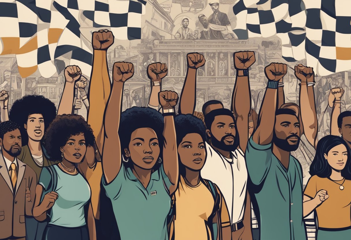 A group of people raising their fists in solidarity, with a backdrop of historical symbols and images representing the origins of Black Power