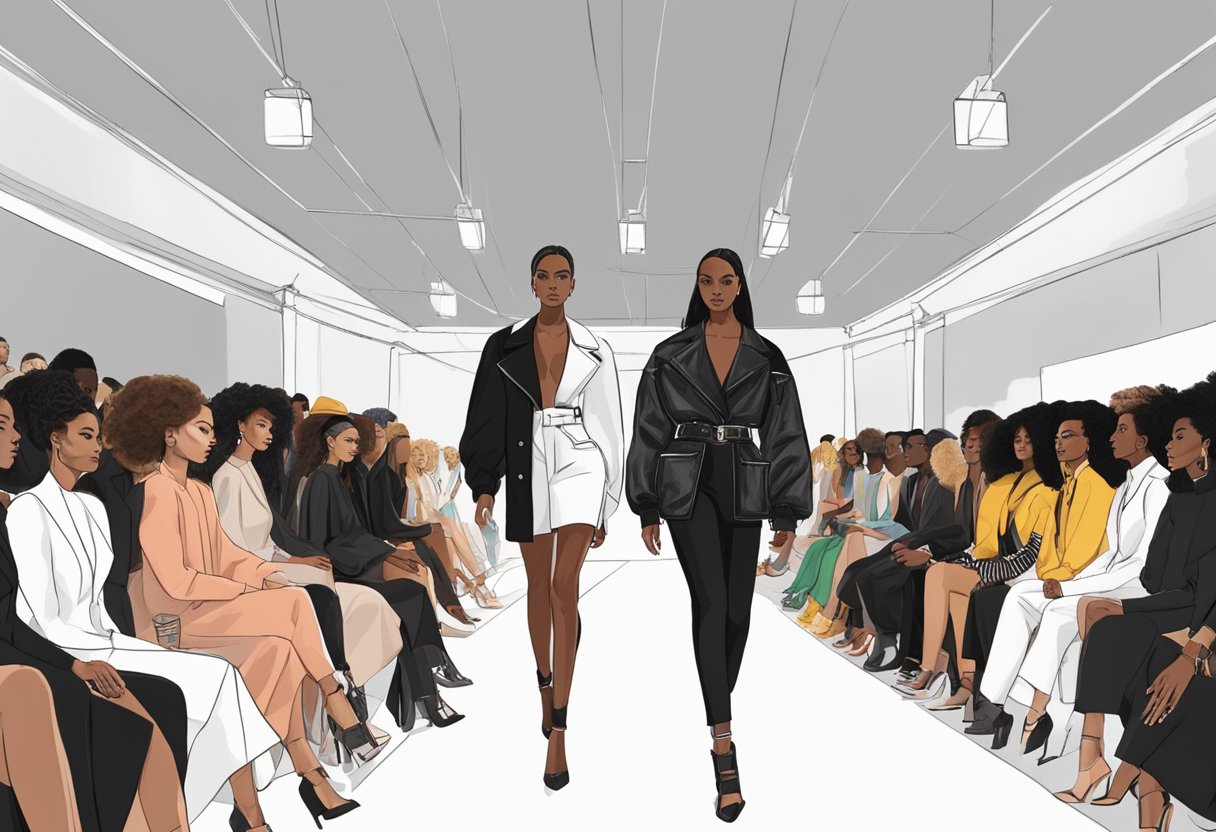 A runway show with diverse models wearing bold, empowering black fashion pieces, surrounded by industry professionals and fashion enthusiasts