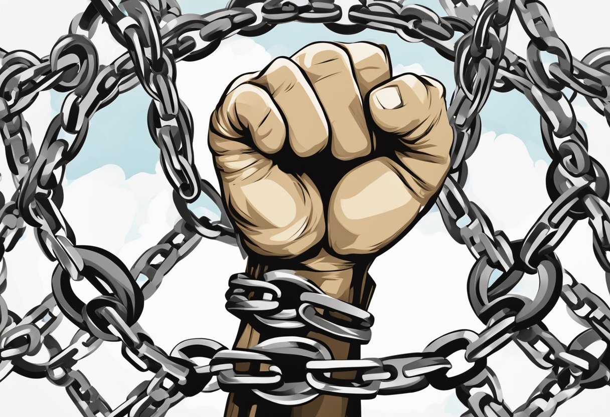 A clenched fist breaking through chains, surrounded by symbols of oppression and empowerment