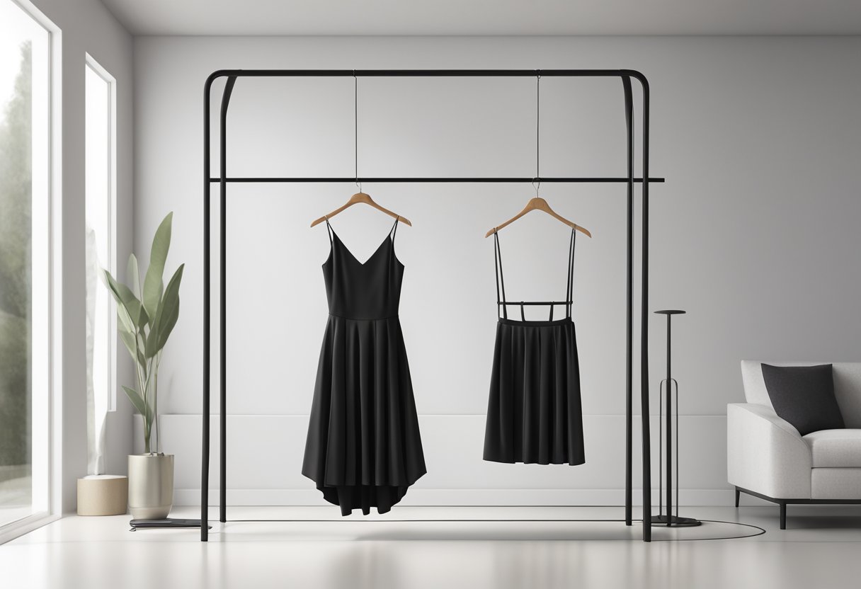 A sleek black dress hanging on a minimalist clothing rack in a white room with soft lighting