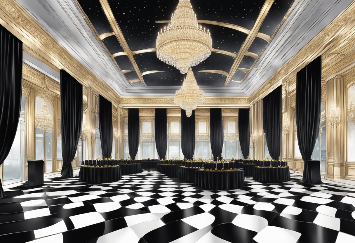 A grand ballroom filled with opulent black velvet drapes, sleek ebony furniture, and shimmering onyx jewelry