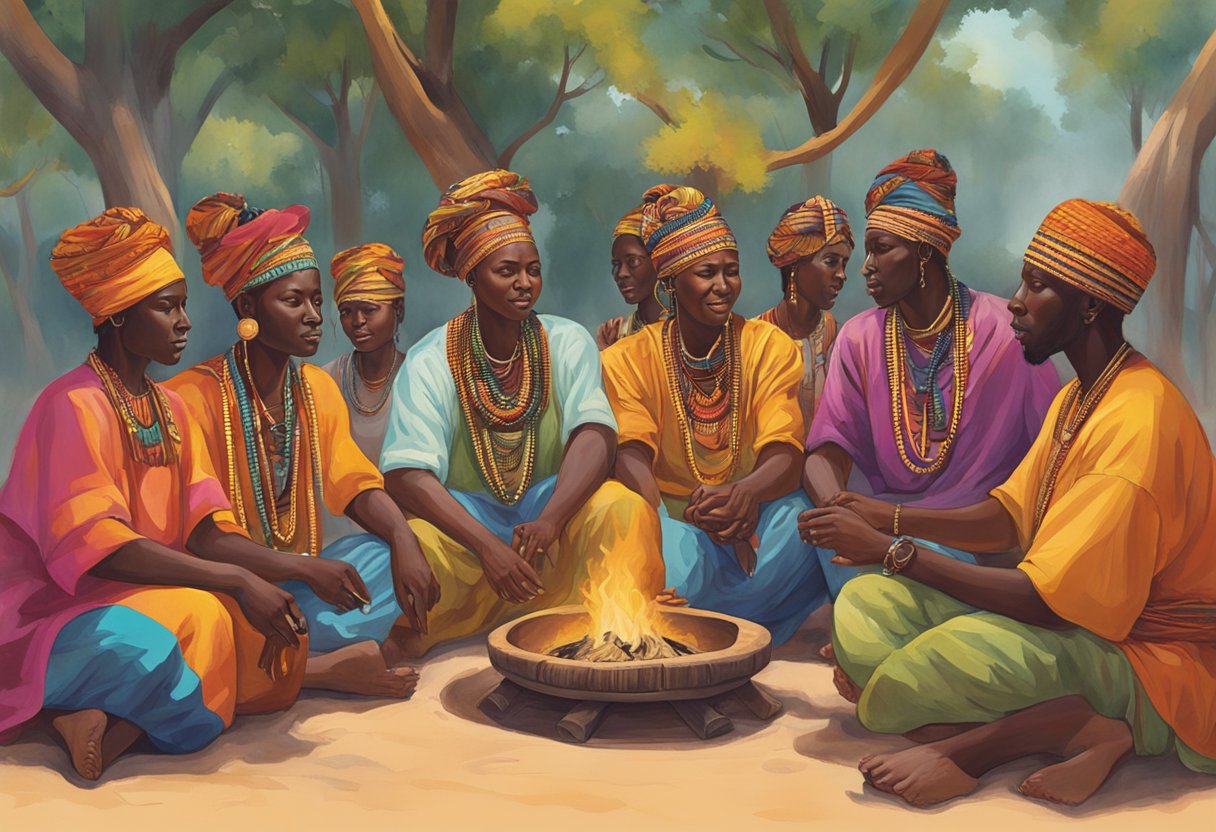 A group of people gather around a central fire, participating in traditional African dance and music, adorned in vibrant clothing and jewelry