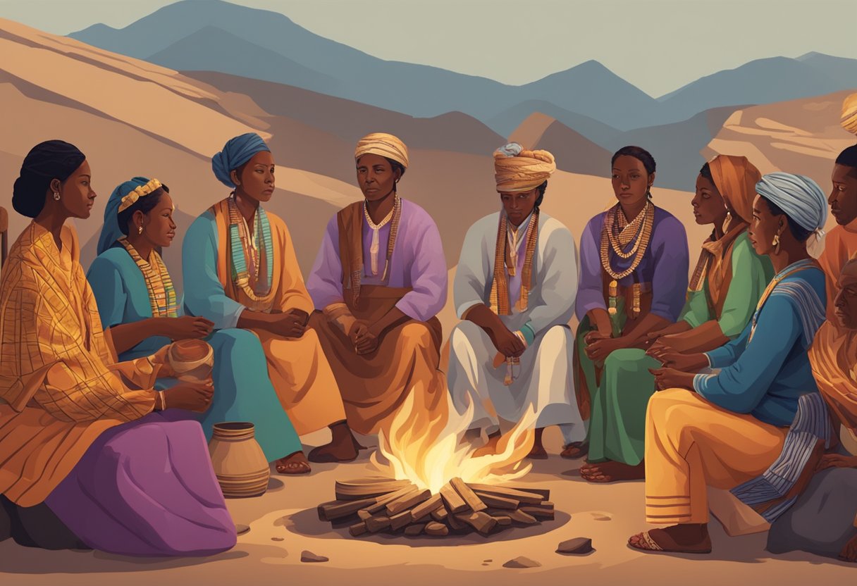 A group of people gather around a fire, adorned in traditional clothing, as they perform a cultural ritual to celebrate their heritage amidst social struggles