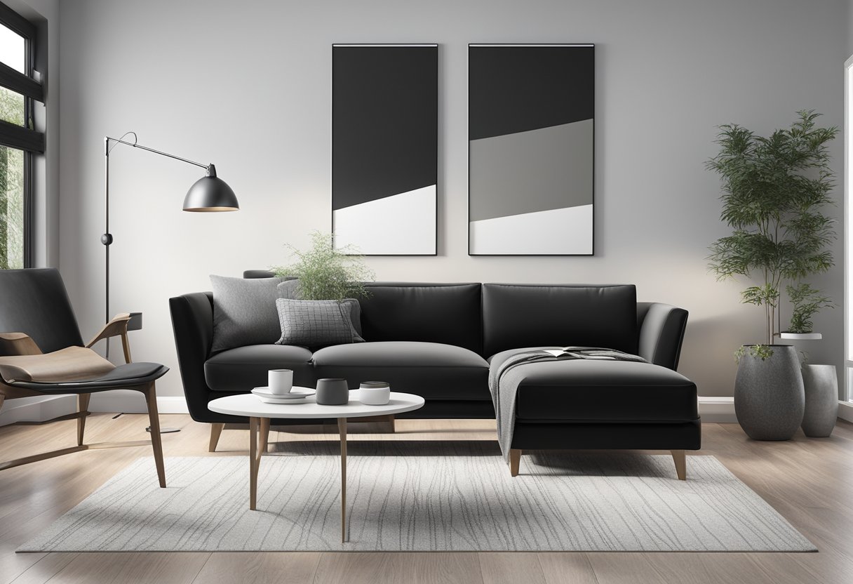 A sleek black sofa and accent wall contrast with white and gray decor in a modern living room