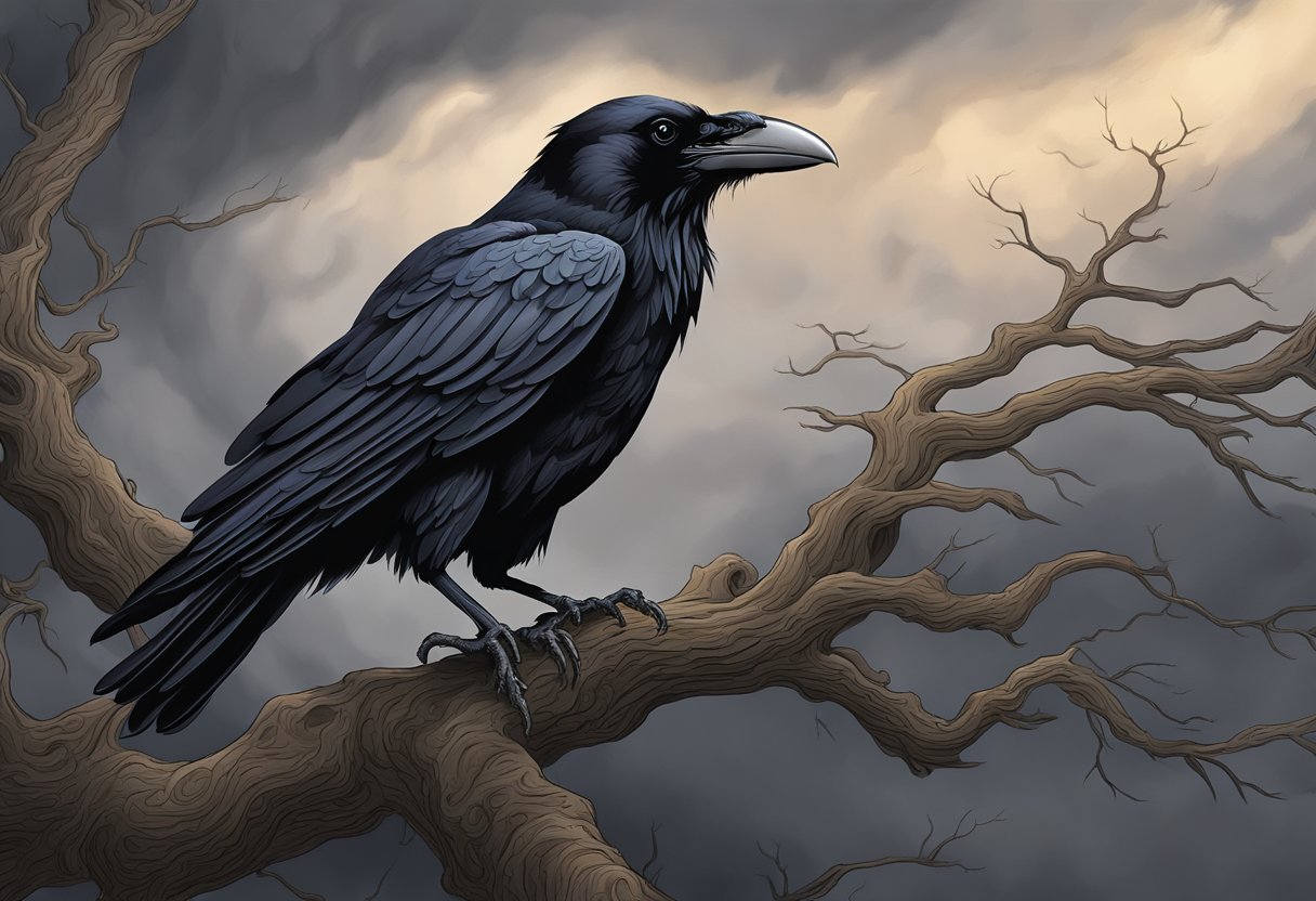 A black raven perched on a gnarled tree branch against a dark, stormy sky