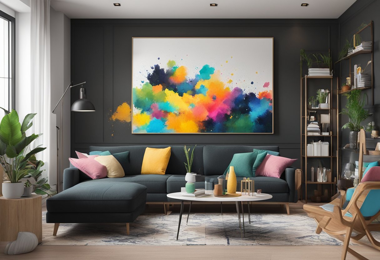 A black canvas with vibrant splashes of color, surrounded by art supplies and a comfortable seating area