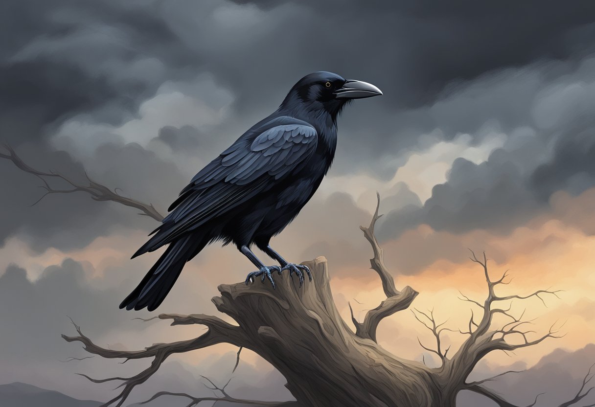 A lone black crow perched on a bare tree against a stormy sky