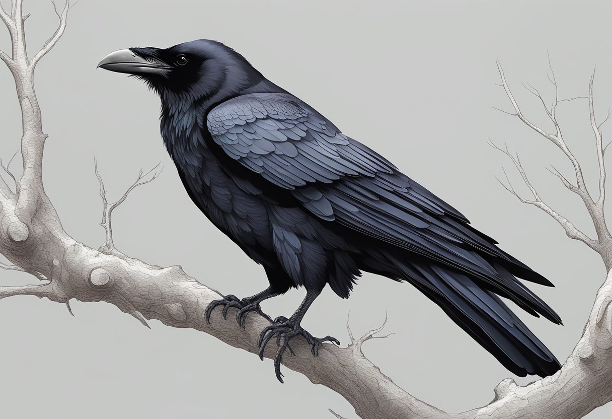 A black raven perched on a leafless tree branch, against a stark white background