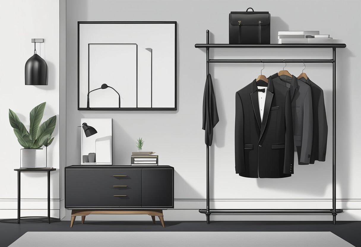 A sleek black tuxedo jacket hangs on a minimalist coat rack, surrounded by modern black furniture and decor in a stylish, monochromatic room