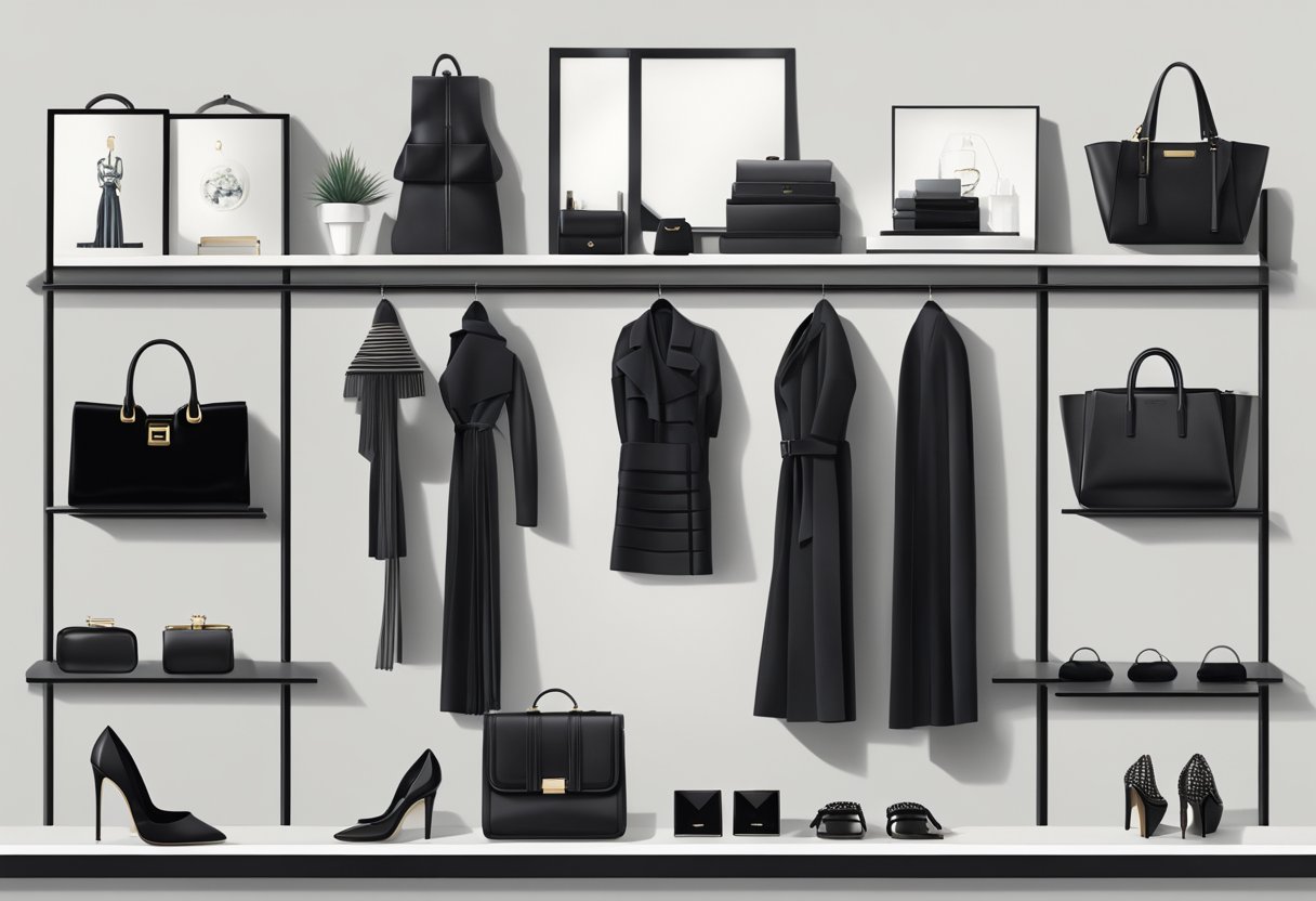 A row of iconic black fashion pieces displayed on a sleek, minimalist shelf. Bold shapes and textures create a striking visual impact