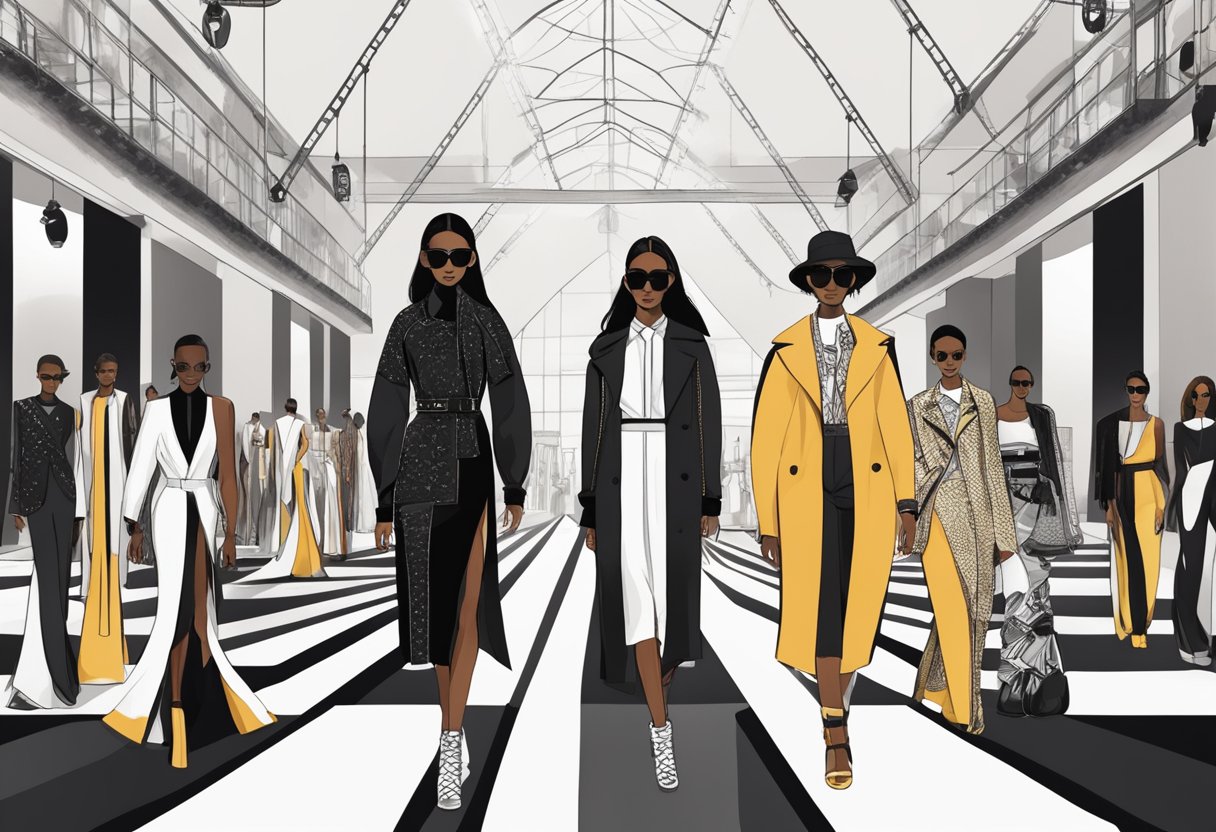 A runway with iconic black fashion pieces on display, surrounded by cultural and industry symbols