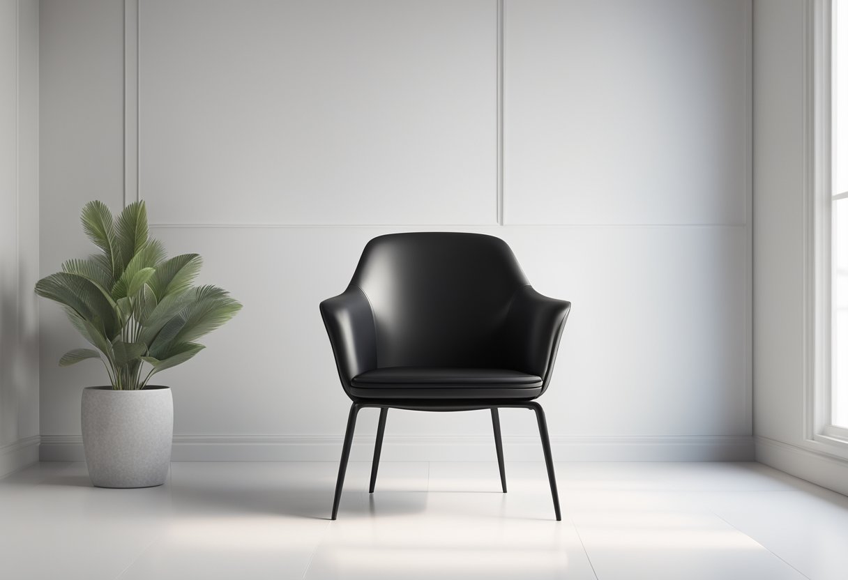 A sleek black chair against a white wall in a minimalist room with clean lines and no clutter