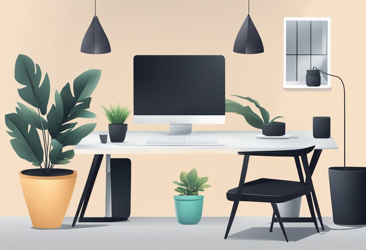 A sleek black desk with a single potted plant, a laptop, and a phone. Clean lines and minimal decor