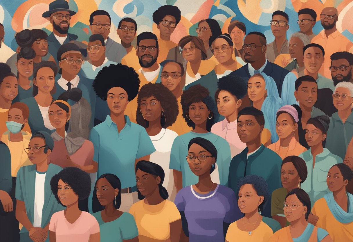 A diverse group of individuals gather around a mural, each contributing to the artwork, symbolizing the sociopolitical impact and community connection of Black personal identity expression