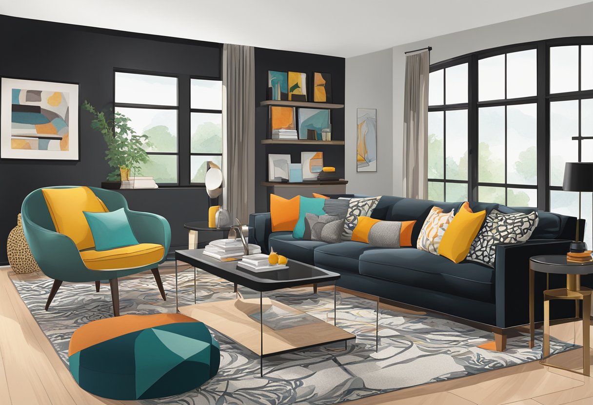 A modern living room with black furniture, accented by bold pops of color in the form of throw pillows, rugs, and artwork