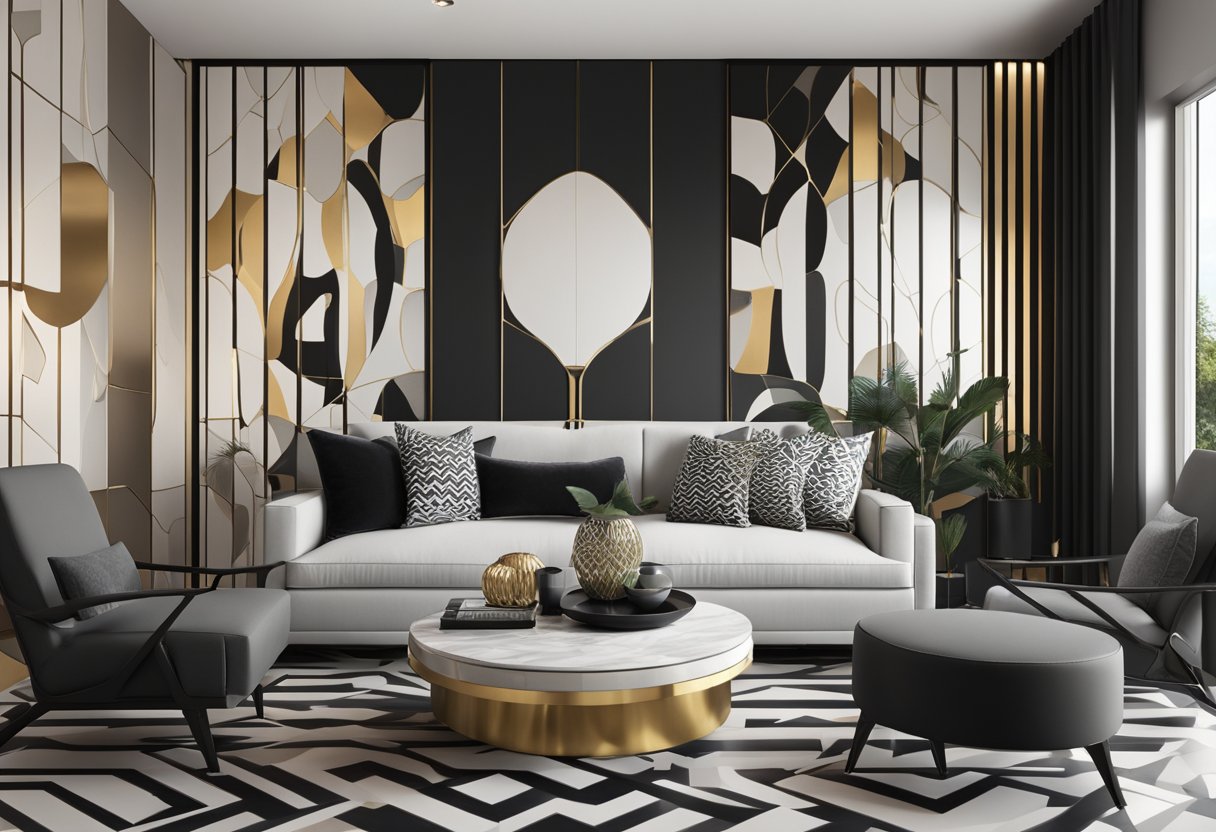 A sleek, modern living room with black furniture, metallic accents, and bold geometric patterns on the walls and floor