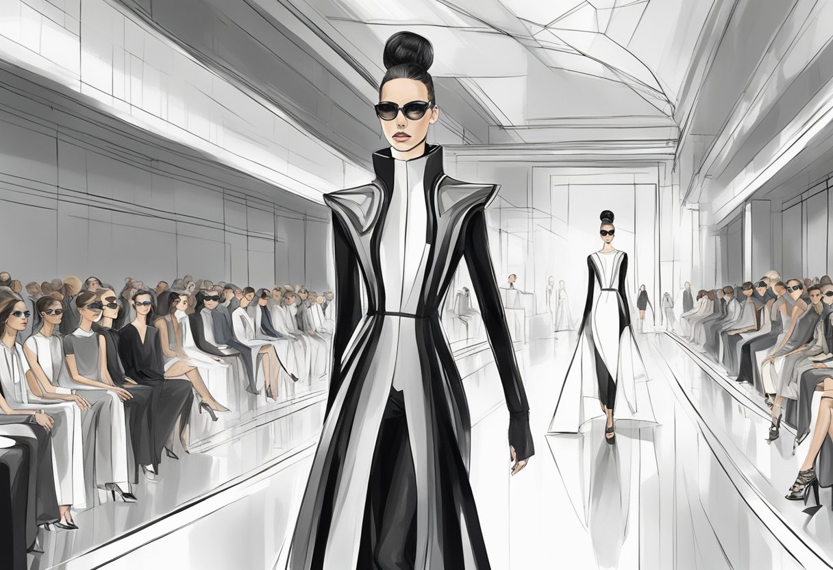 A sleek, avant-garde runway show featuring futuristic black haute couture designs