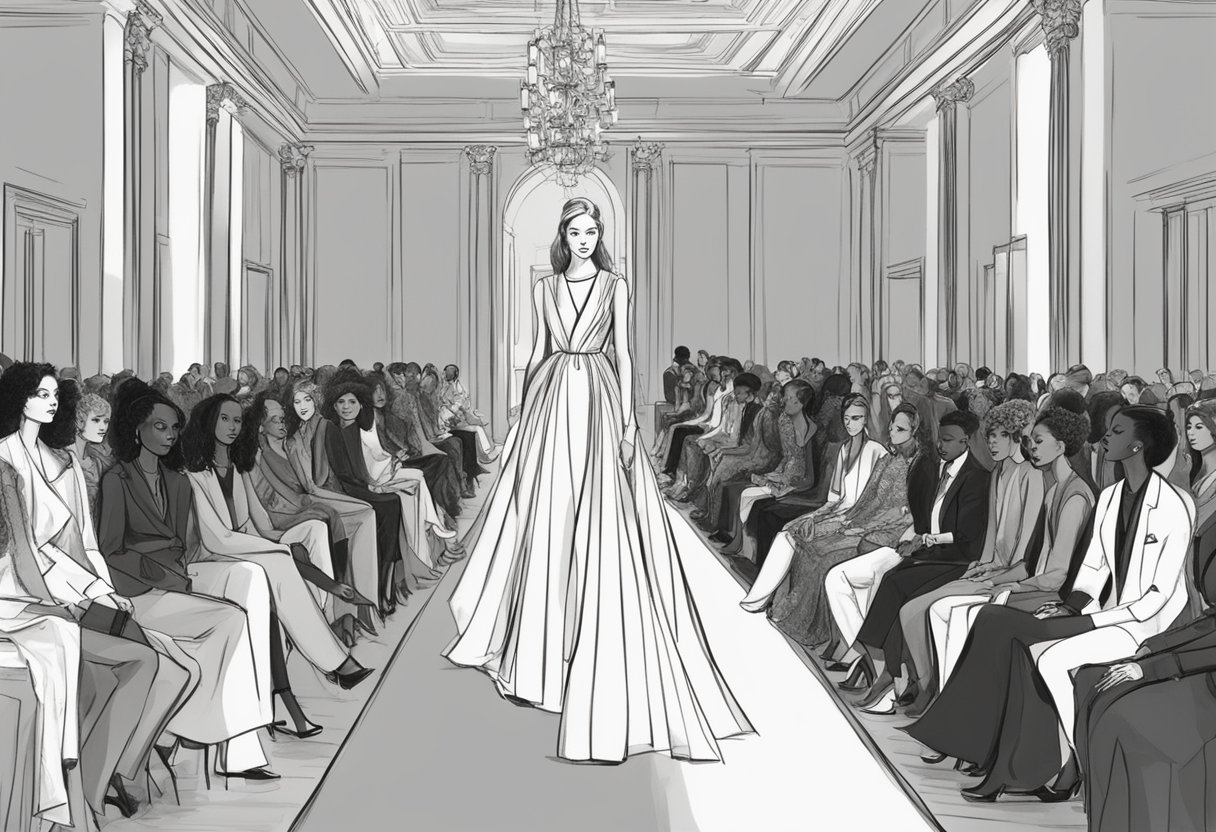 A runway with diverse models showcasing high-fashion designs in a grand, opulent setting. The audience includes influential figures from the fashion industry