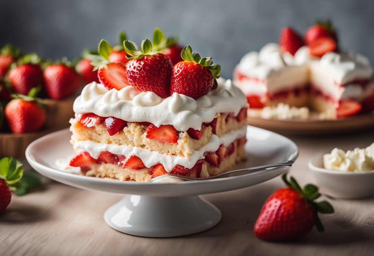 Um bolo de morango fofinho coberto com chantilly, cercado por morangos frescos e uma atmosfera leve e arejada