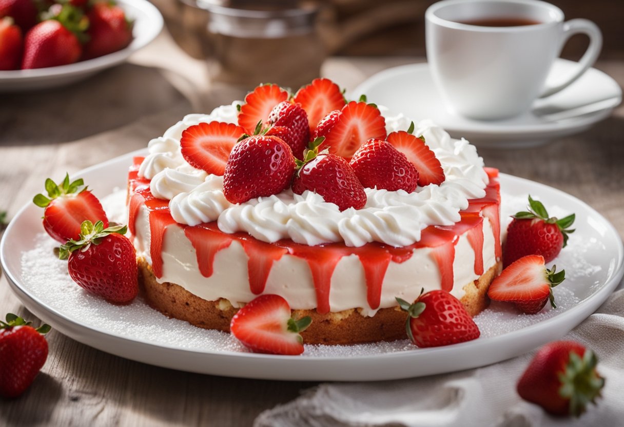 Um bolo de morango fofinho sendo decorado com chantilly e morangos frescos. Uma receita leve e arejada para um delicioso bolo de morango.