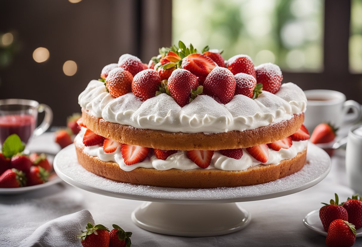 Um bolo de morango leve e fofo sendo preparado com cobertura de chantilly, rodeado por morangos frescos e polvilhado com açúcar de confeiteiro.