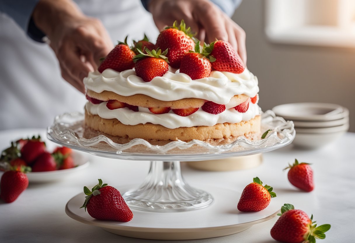 Um bolo de morango fofo sendo decorado com chantilly e morangos frescos em um suporte de bolo branco