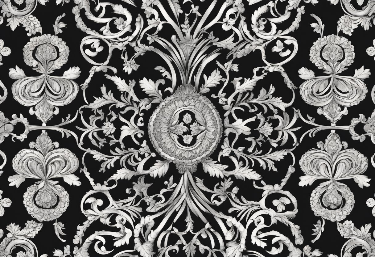 A black textile design featuring intricate patterns and motifs, symbolizing elegance and power in historical contexts