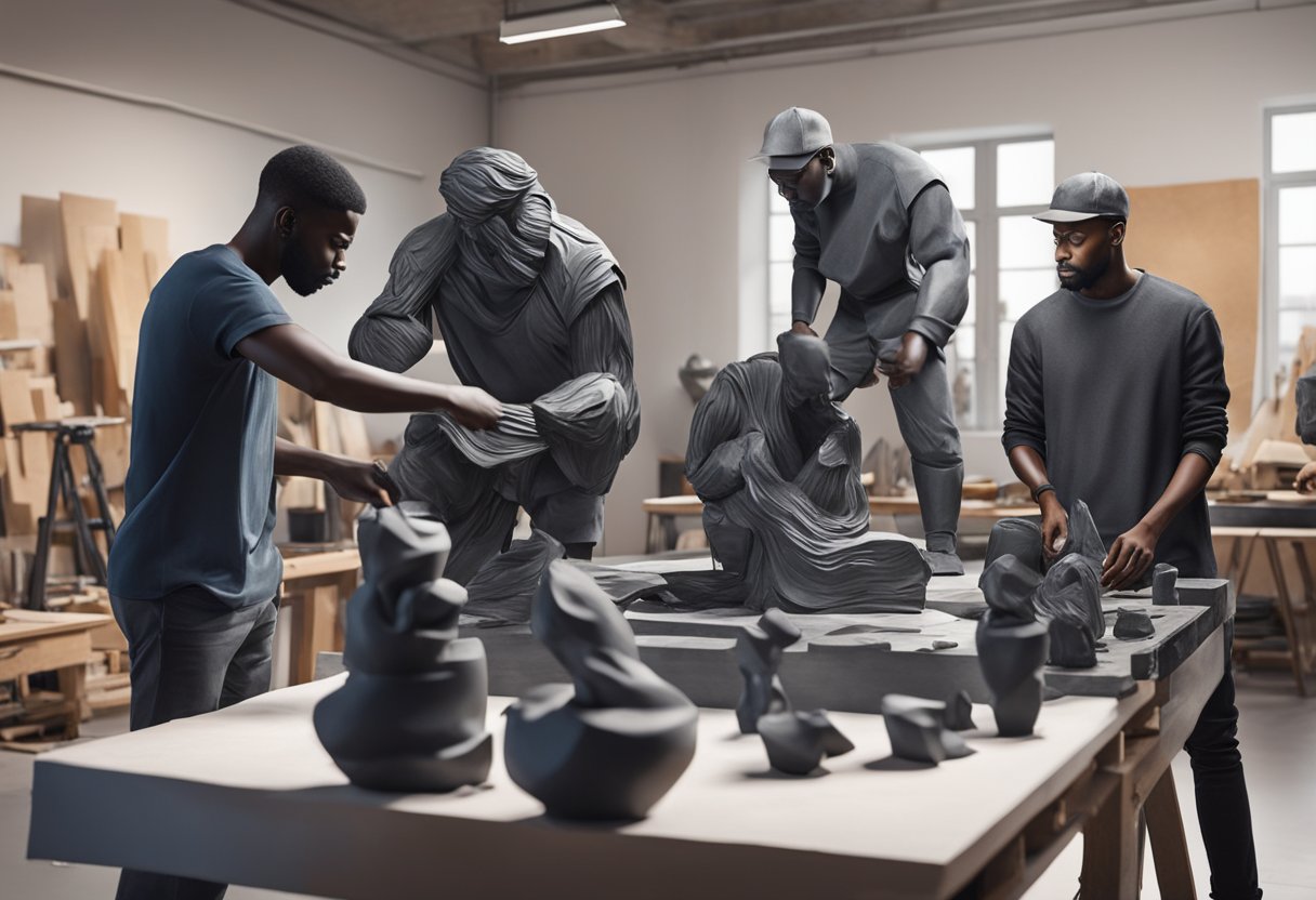 A group of contemporary black sculptors at work in a modern studio, creating impactful and dynamic sculptures using various materials and techniques