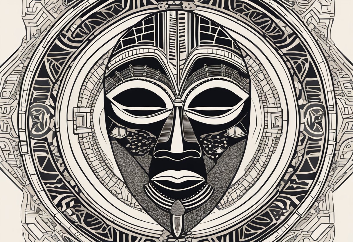 A traditional African mask with intricate black geometric patterns, surrounded by symbols of cultural significance