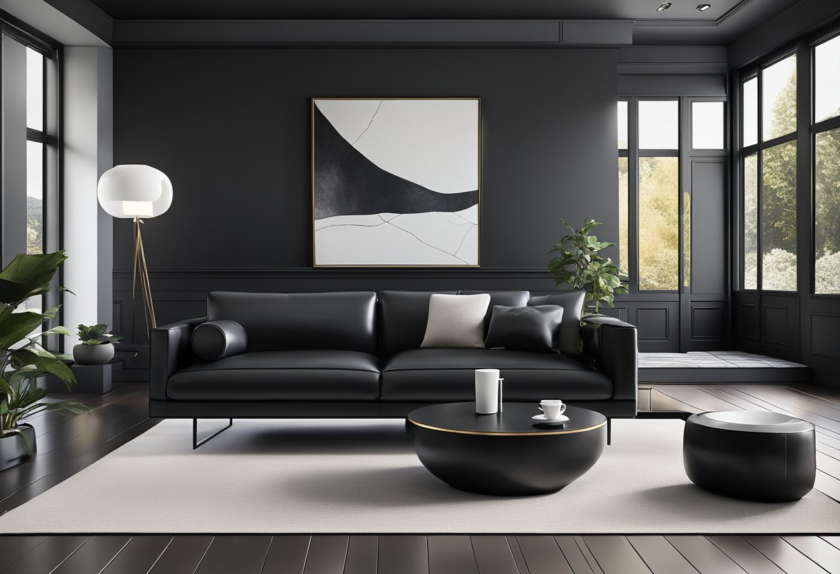 A sleek black leather sofa sits in a dimly lit living room, contrasting against the dark walls and floor. A minimalist coffee table and modern art add to the contemporary aesthetic