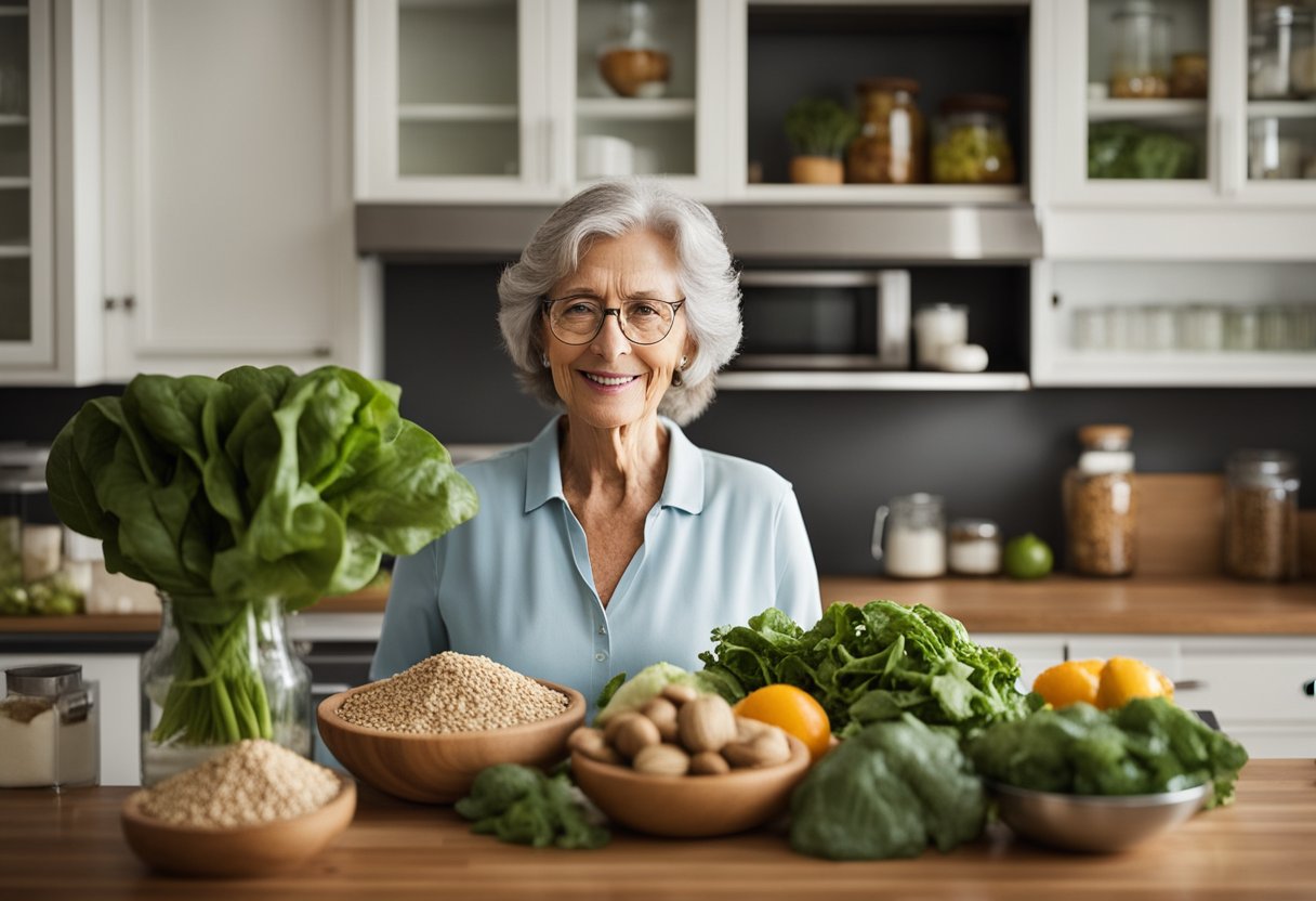 A woman over 60 standing in a kitchen, surrounded by a variety of magnesium-rich foods such as leafy greens, nuts, and whole grains. A glass of water with a magnesium supplement sits on the counter