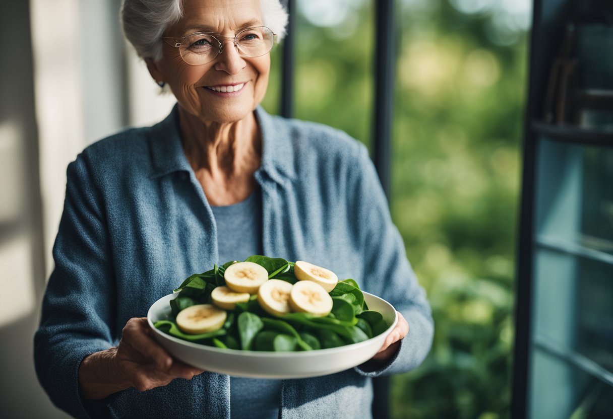 A woman over 60 holding a plate of magnesium-rich foods like spinach, almonds, and bananas, with a glass of water on the side