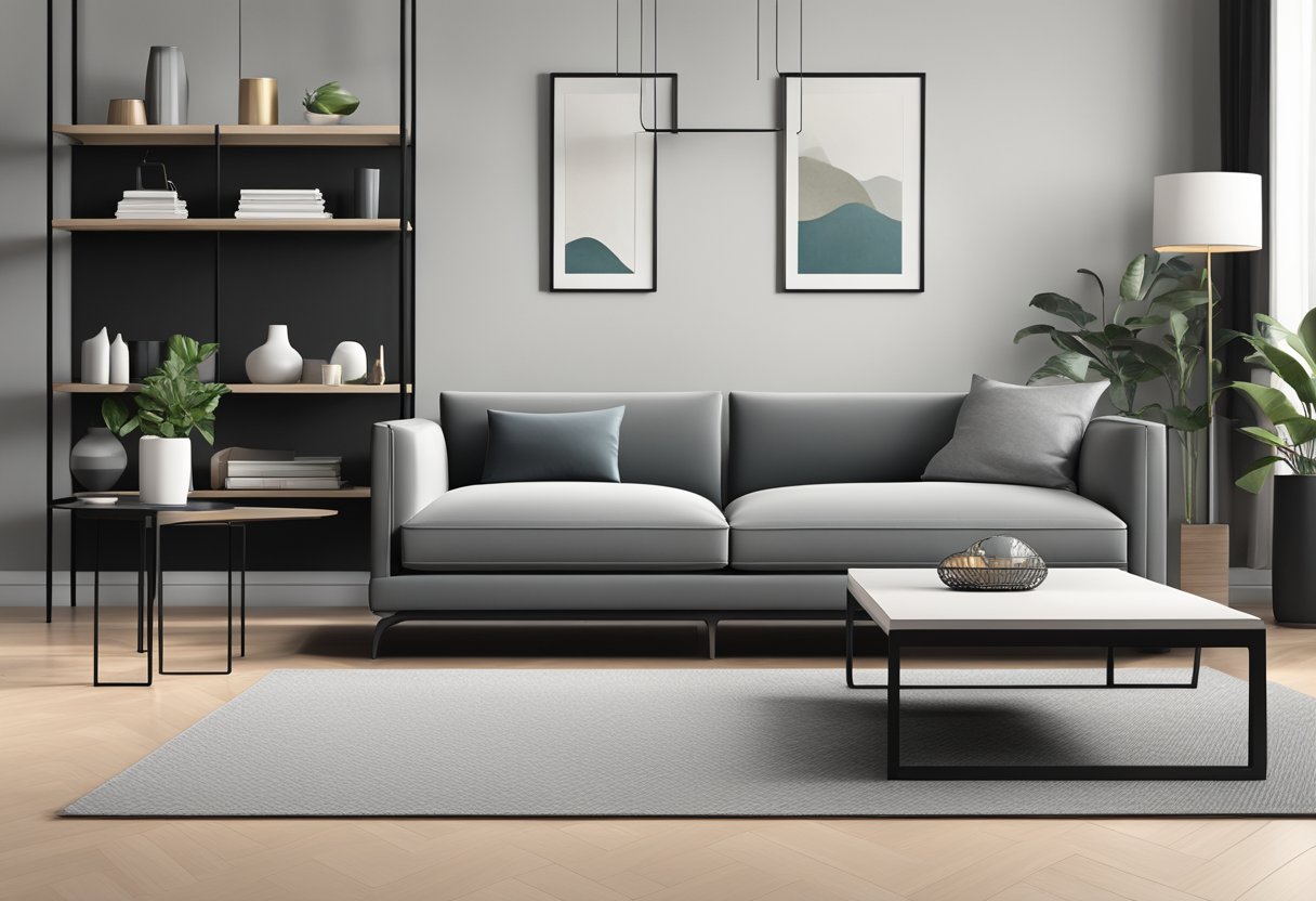 A modern living room with black furniture, clean lines, and minimalistic decor. A sleek sofa, coffee table, and shelving create a sophisticated and practical design