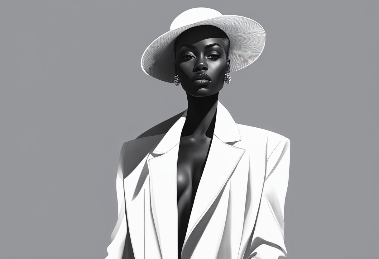 A black model stands against a stark white backdrop, wearing bold, high-fashion garments. The lighting is dramatic, casting deep shadows and emphasizing the model's powerful presence